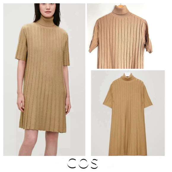 COS Dresses & Skirts - COS Beige Tan / Beige Scallop Pleated Knit Wool Blend Turtleneck Boho Dress Sz S